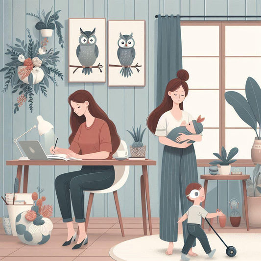 A mother balancing work and motherhood, highlighting fun little ones kids ethnic brand elements in her home