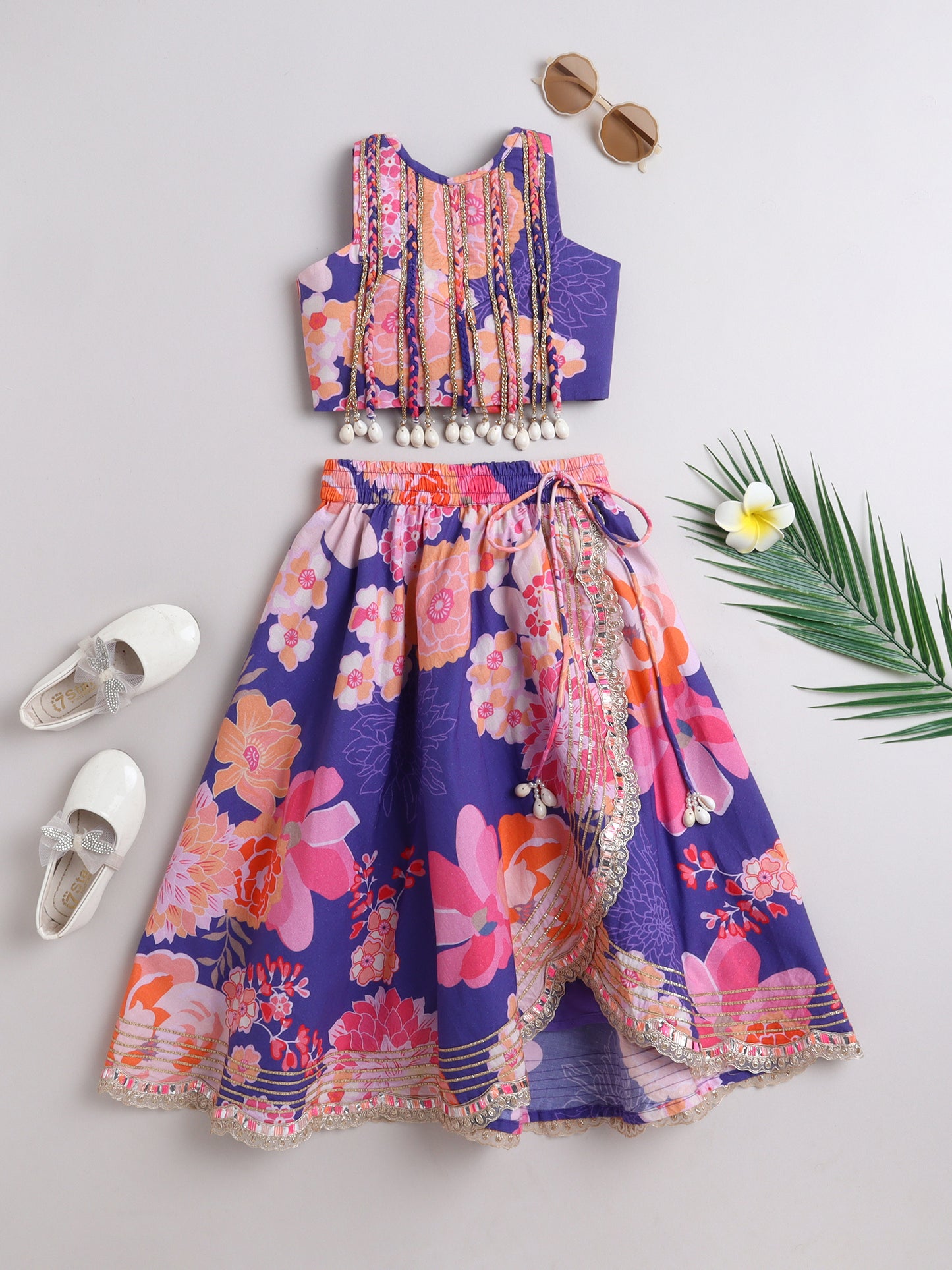 Girls Purple Floral Cotton Lehenga For Girls - funlittleones.com