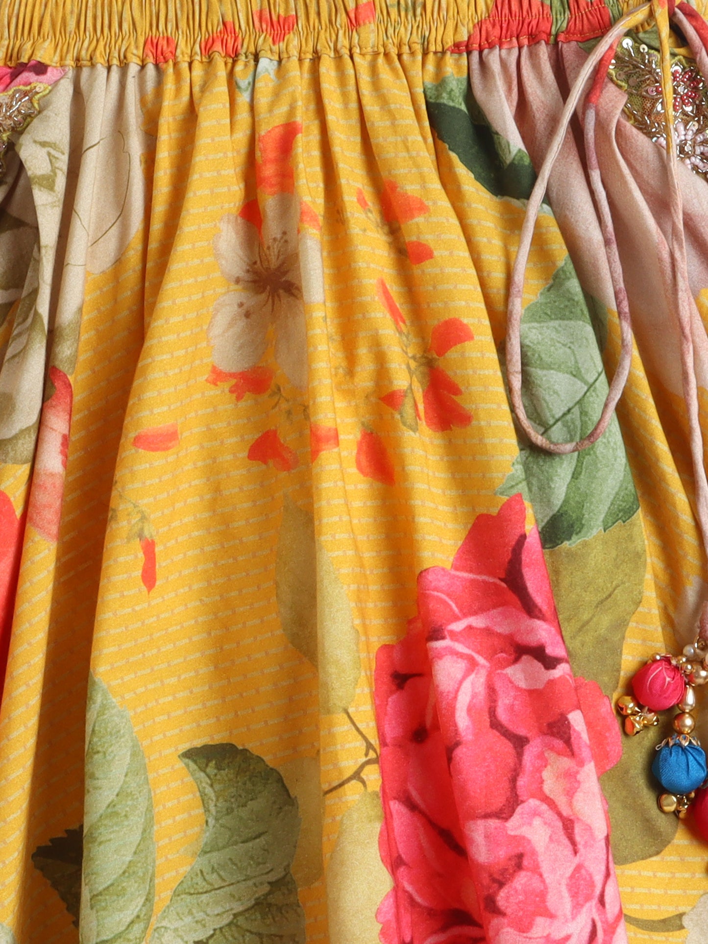 Close-up of a colorful floral dress with a yellow background
