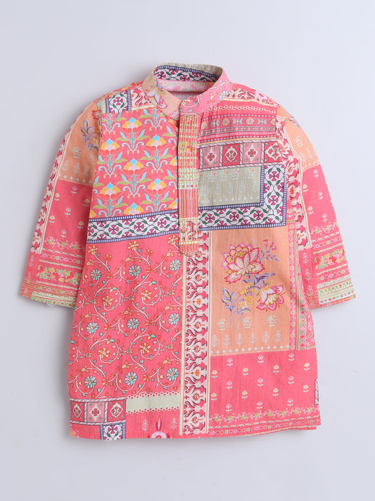 Vibrant Coral Printed Asymmetrical Jacket & White Pajama Set for Boys - funlittleones.com