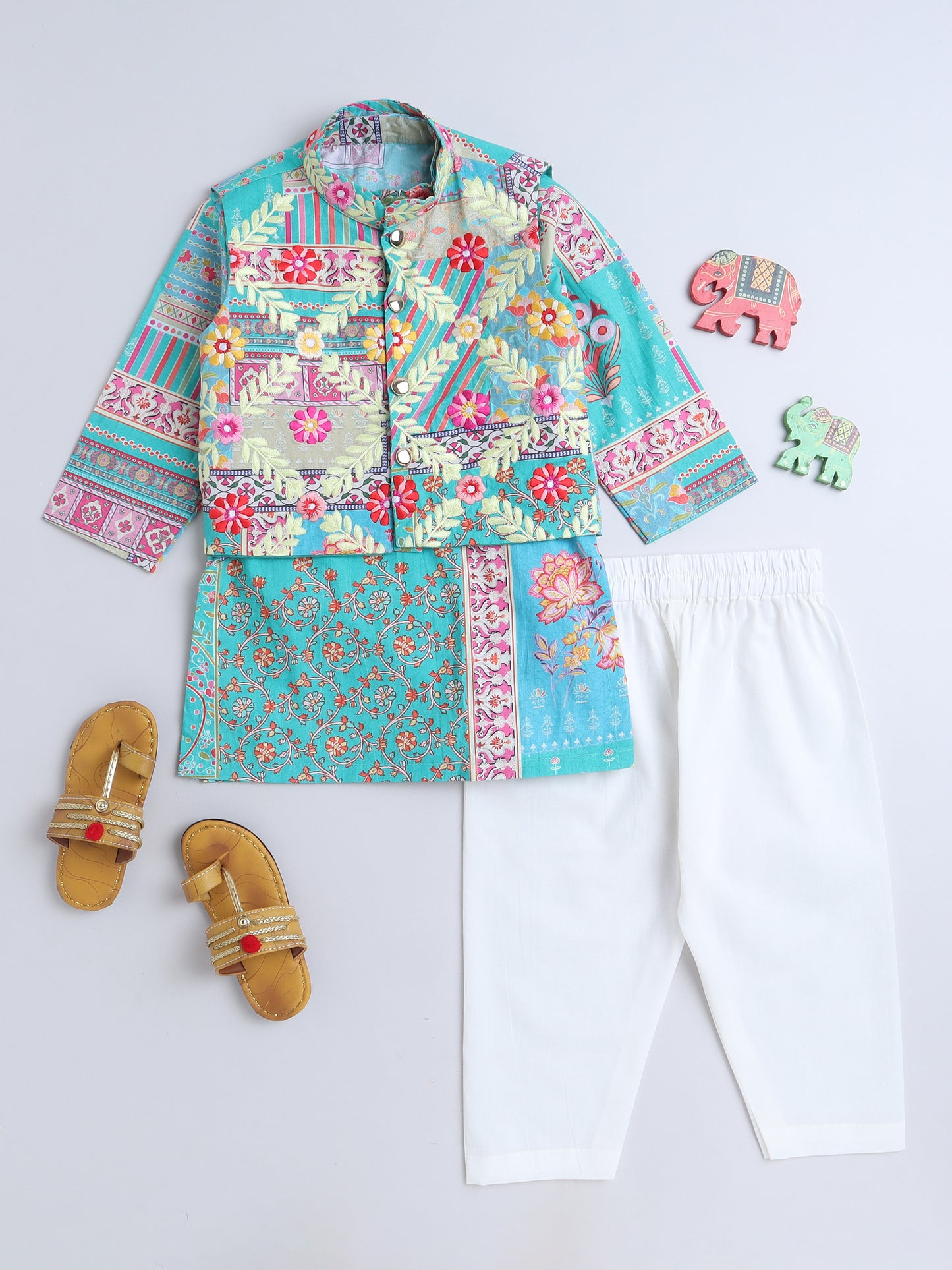Vibrant Turquoise Printed & Embroidered Jacket, Kurta with White Pajama Set for Boys - funlittleones.com