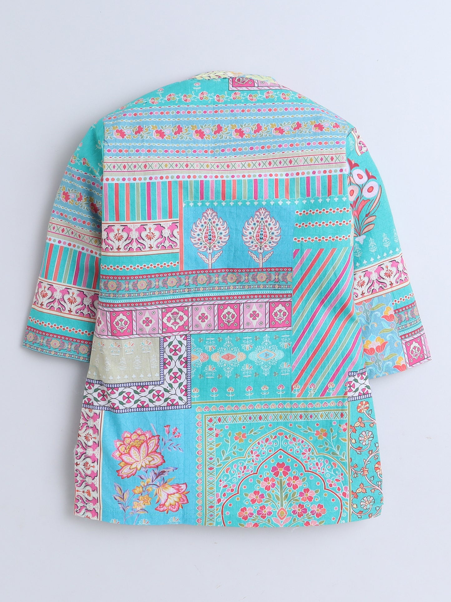 Vibrant Turquoise Printed & Embroidered Jacket, Kurta with White Pajama Set for Boys - funlittleones.com