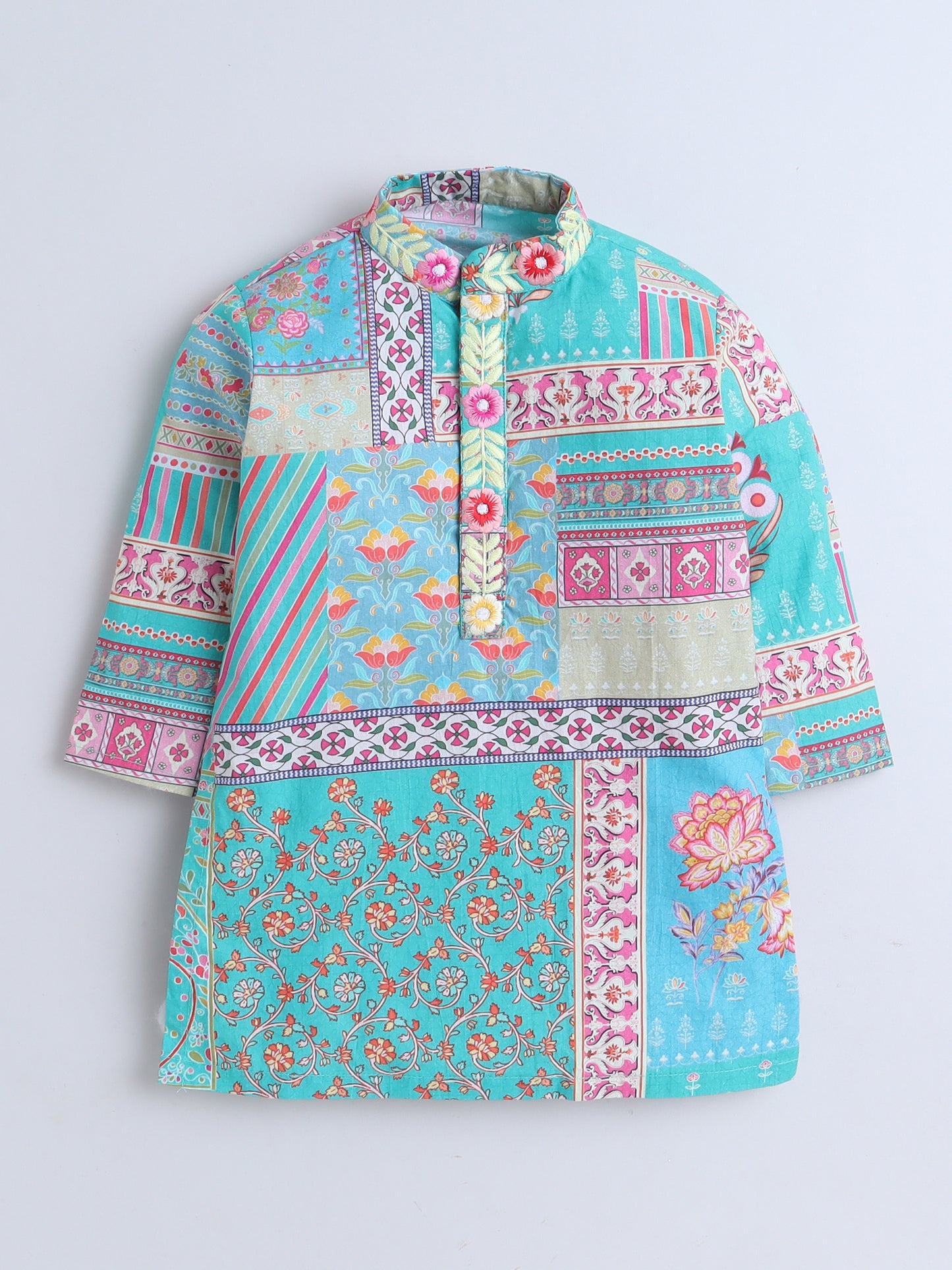Vibrant Turquoise Printed & Embroidered Jacket, Kurta with White Pajama Set for Boys - funlittleones.com