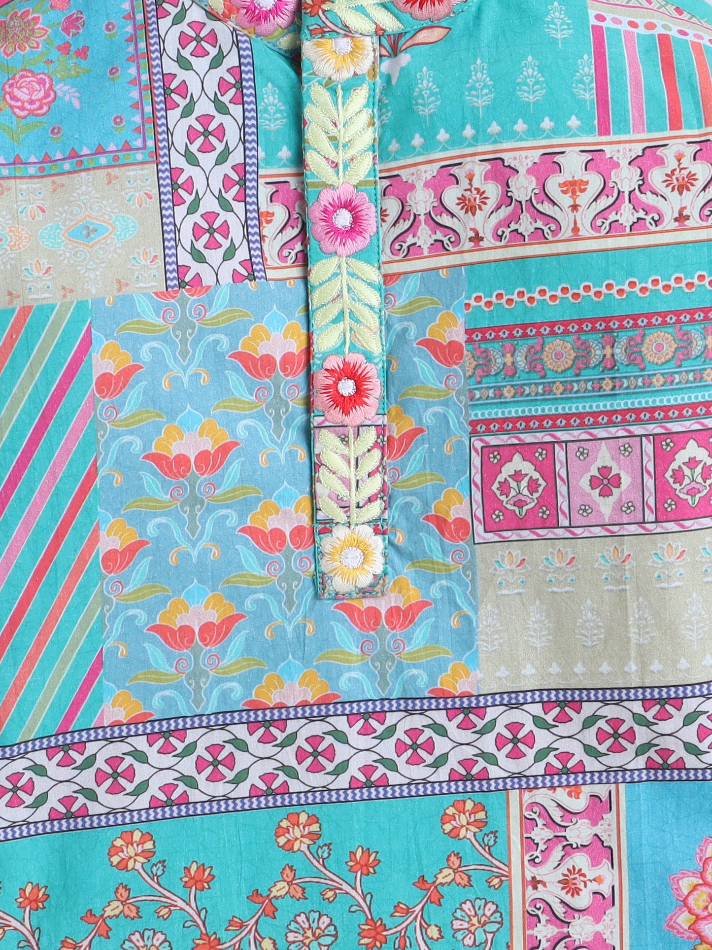 Vibrant Turquoise Printed & Embroidered Jacket, Kurta with White Pajama Set for Boys - funlittleones.com