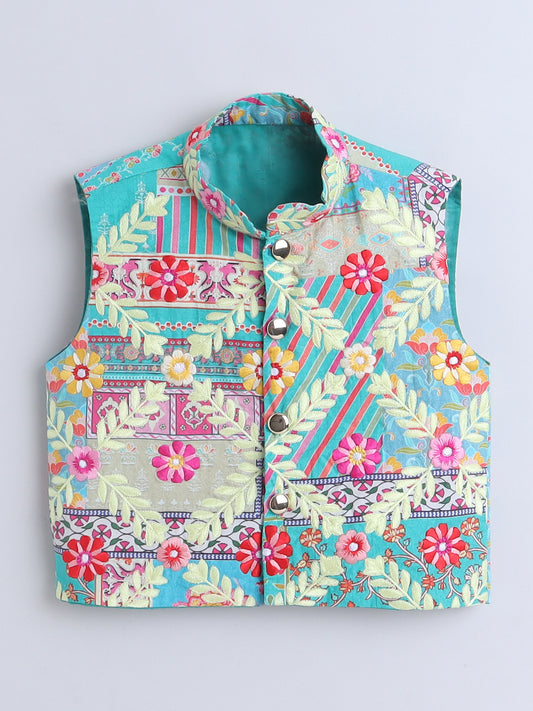 Vibrant Turquoise Printed & Embroidered Jacket, Kurta with White Pajama Set for Boys - funlittleones.com