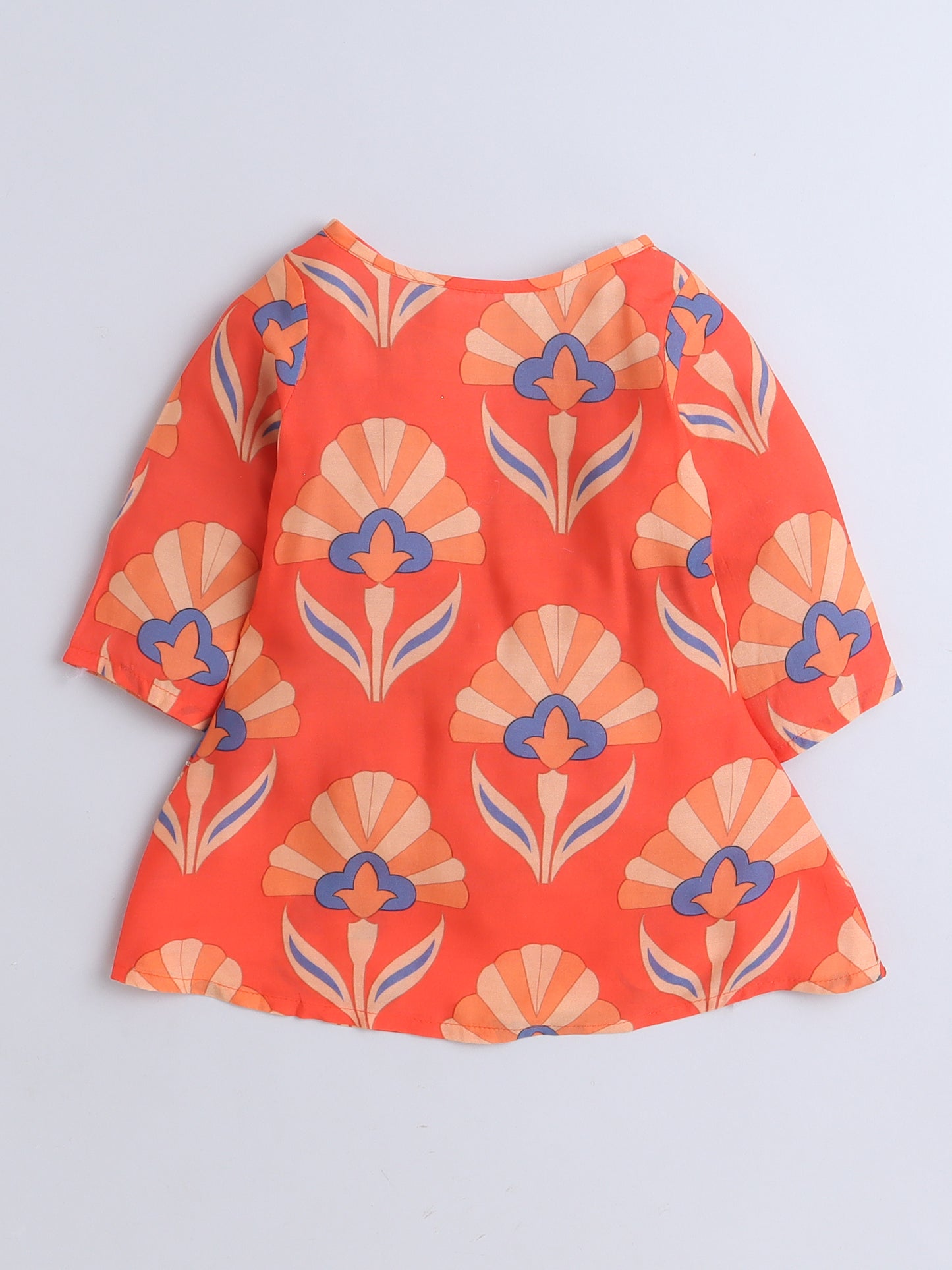 Orange Floral Print Kurta Set For Girls