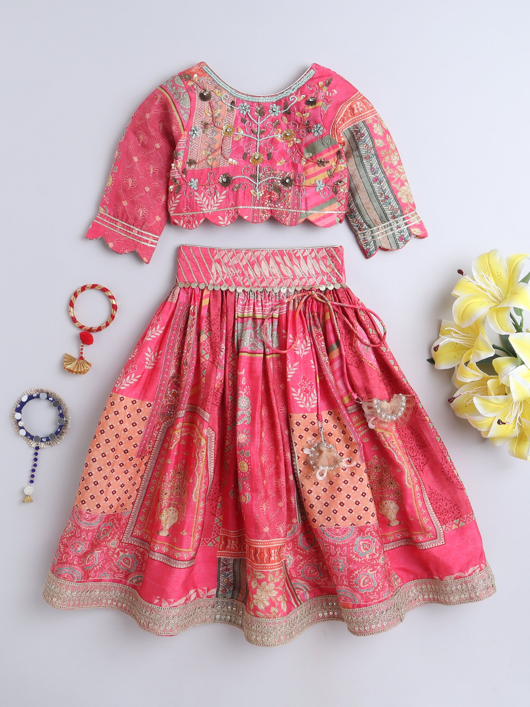 Printed Pink Floral Embroidered Lehenga Blouse Set For Girls