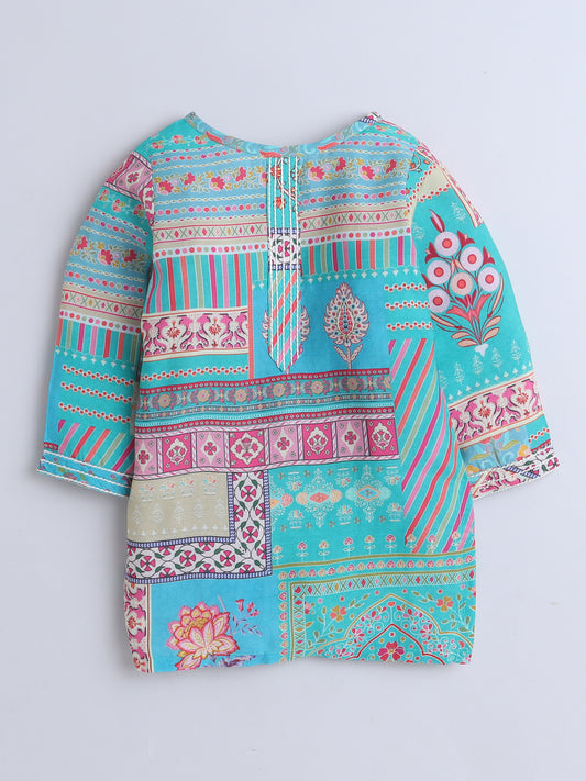 Turquoise Printed Kurta Pajama Set for Girls