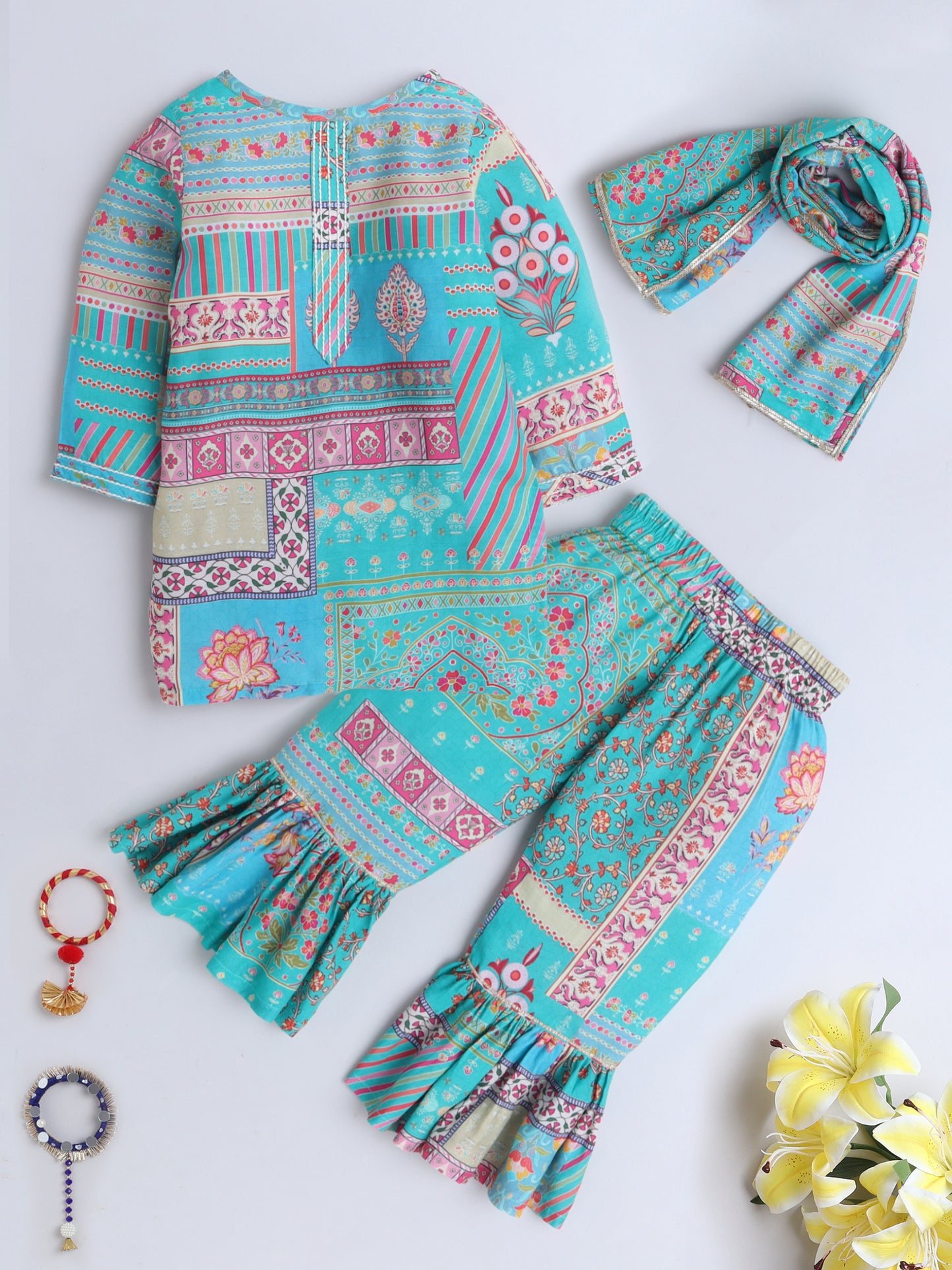 Turquoise Printed Kurta Pajama Set for Girls | Festive Ethnic Wear with Dupatta | All Ages