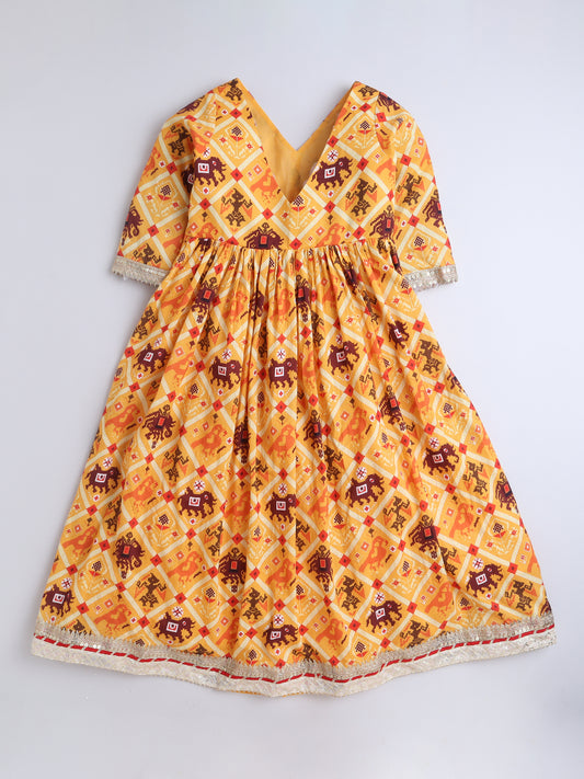 Yellow Patola Printed Dress For Girls