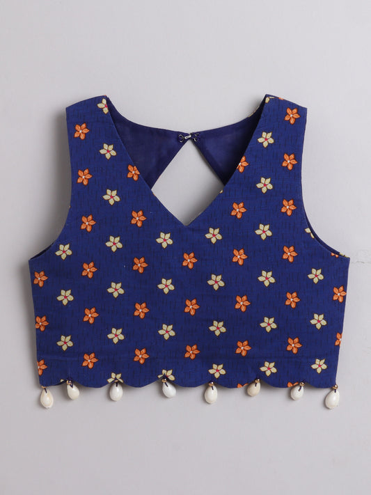 Indigo floral lehenga choli girls top with vibrant flower patterns and decorative scalloped hem
