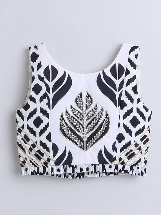 Stylish white and black Lehenga Choli crop top with intricate leaf design and elegant detailing