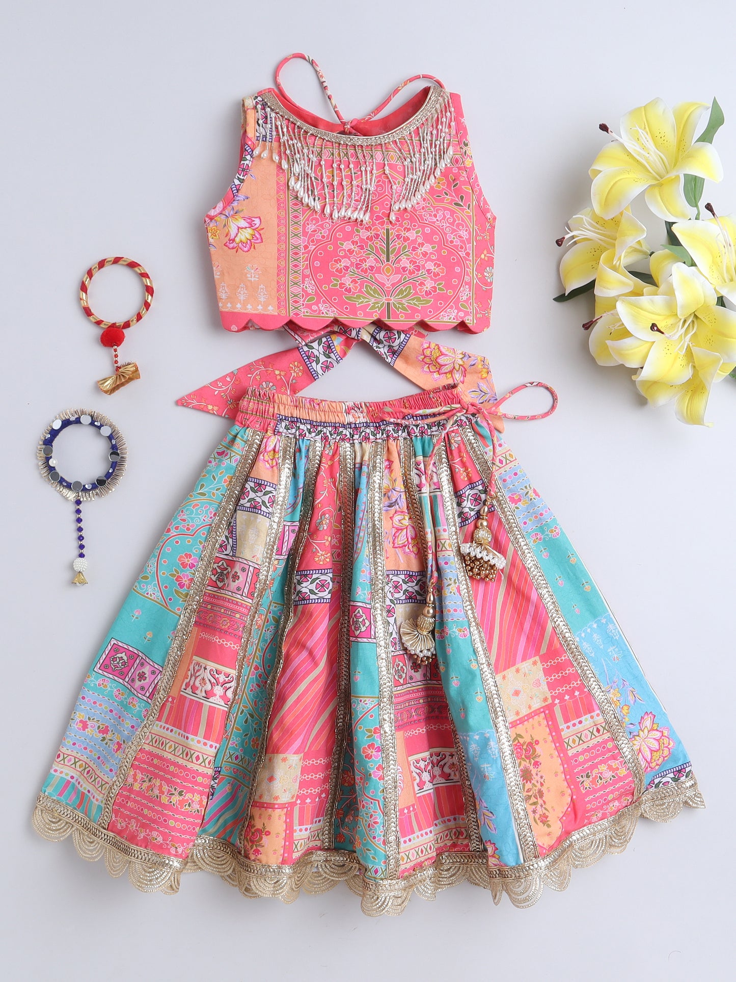 Colorful Baby Lehenga Choli Set with Intricate Embroidery and Matching Accessories for Toddlers