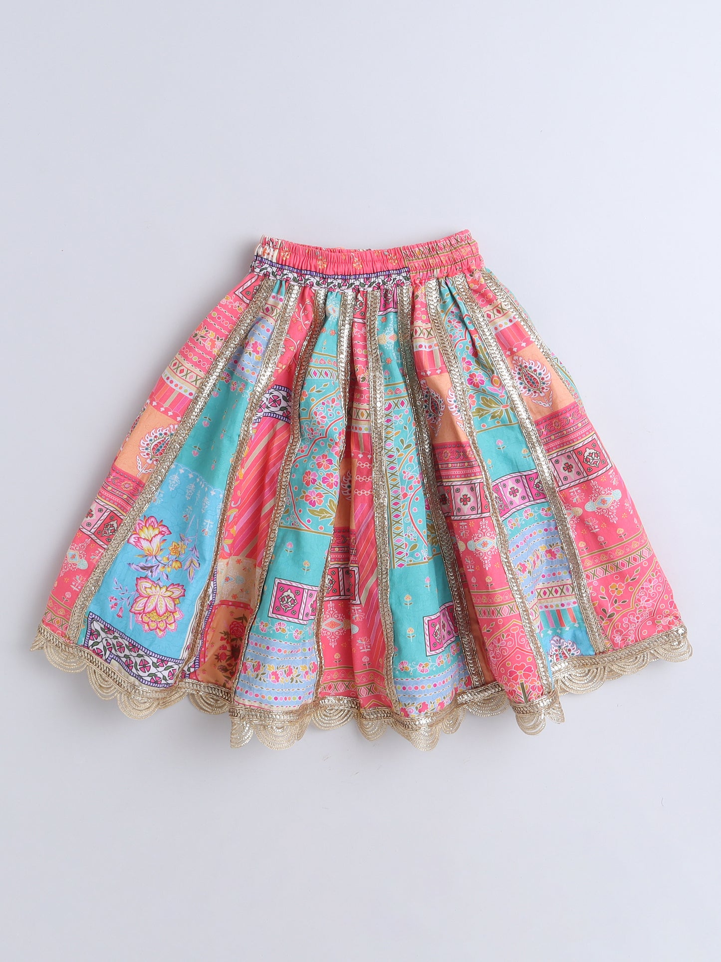 Colorful Baby Lehenga Choli Skirt with Intricate Patterns and Gold Trim for Toddler Fashion