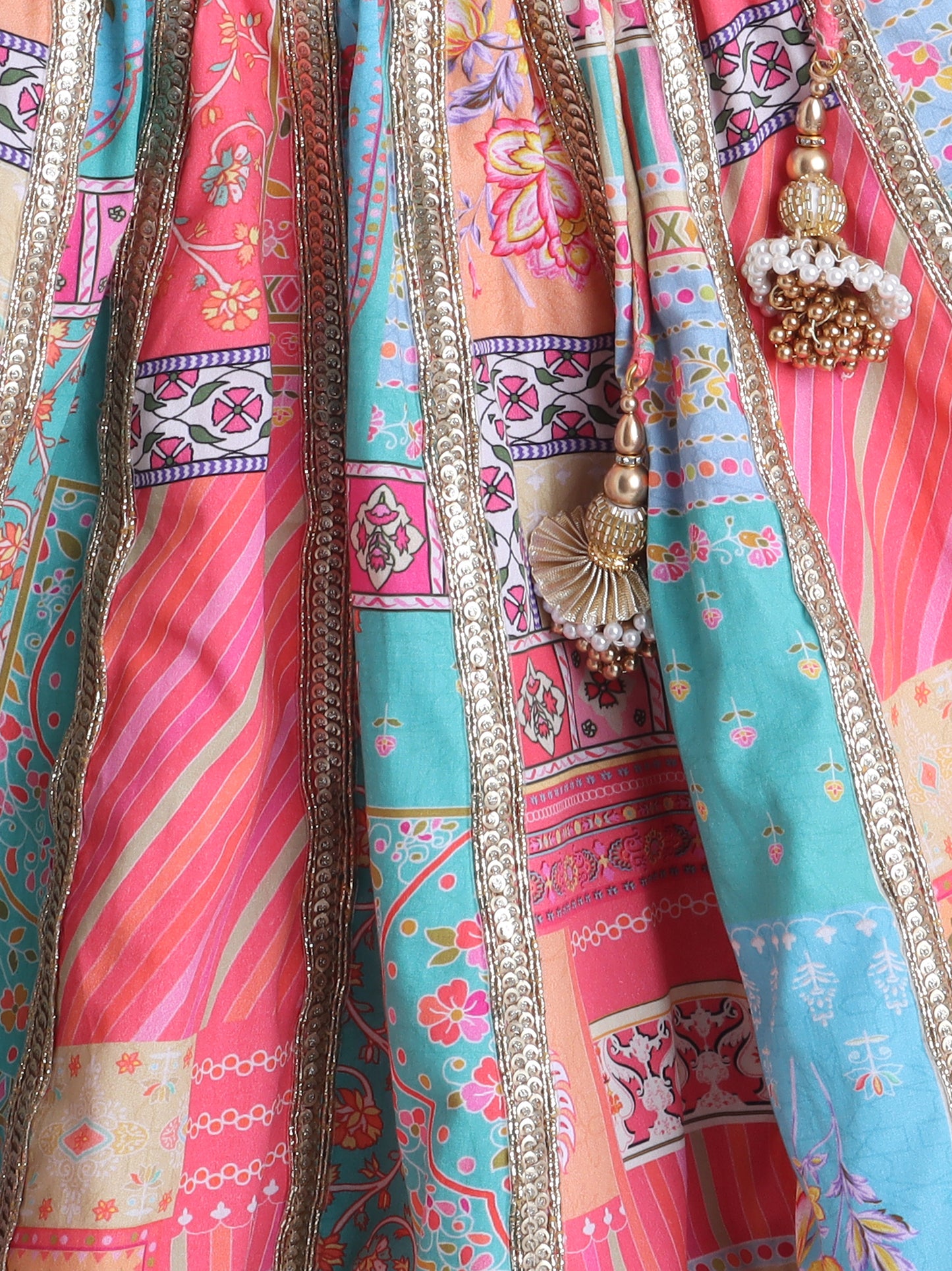 Colorful Lehenga Choli with Intricate Patterns and Golden Trim for Baby and Toddler Girls