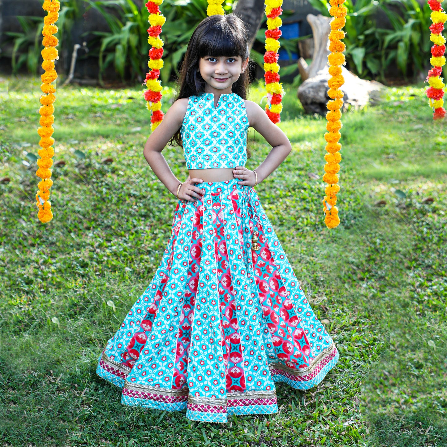 Faux Mirror Work Top With Gota Lace Work Lehenga - funlittleones.com