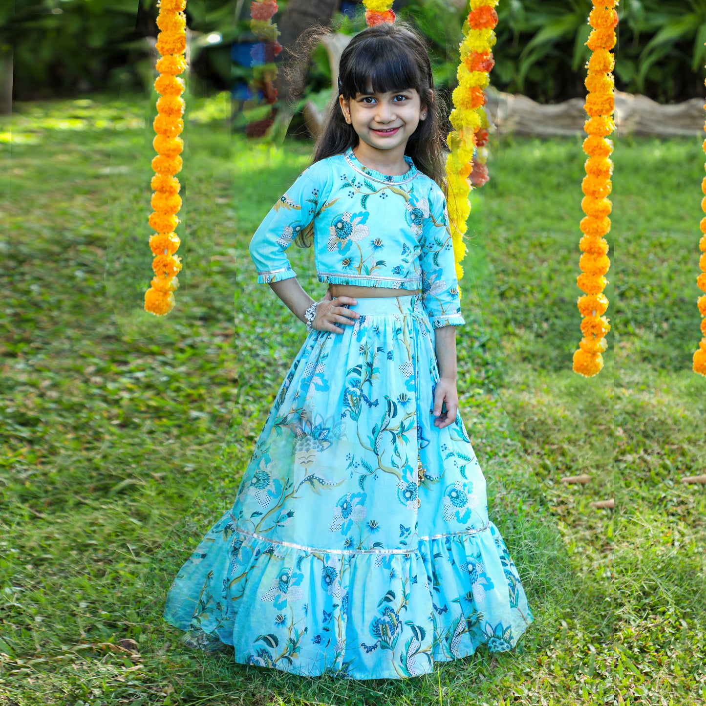 Floral Printed And Pleated Frills Top With Lehenga - funlittleones.com
