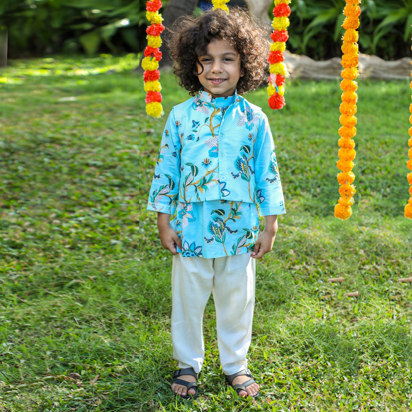 Thread Work And Floral Printed Jacket With Kurta And Pyjama - funlittleones.com