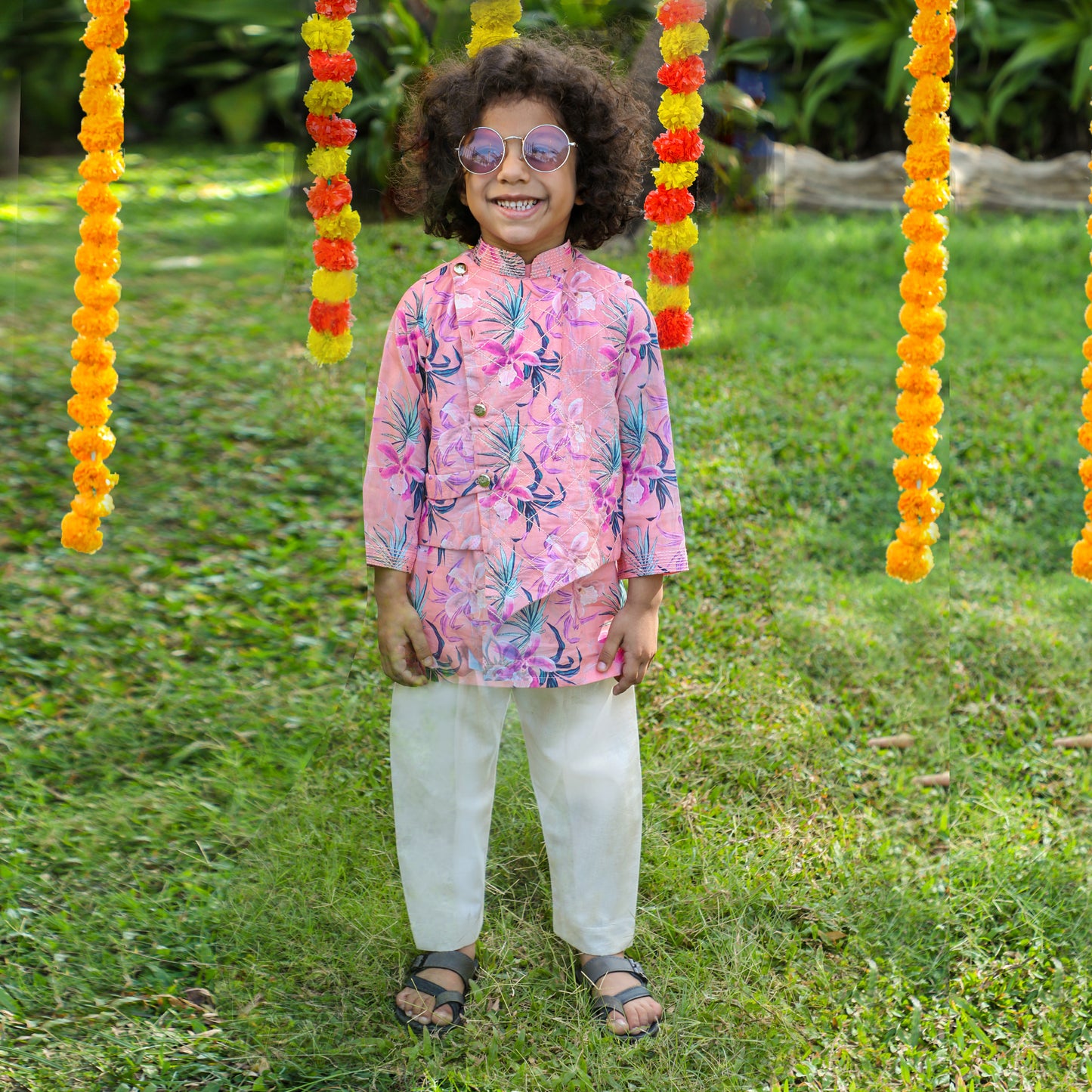Peach Floral Printed Quilted Jacket With Thread Work Kurta And Pyjama - funlittleones.com