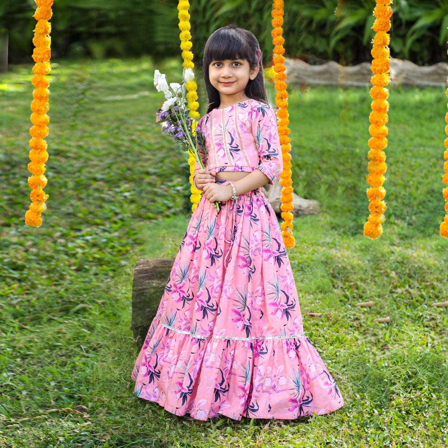 Floral Printed And Pleated Frills Peach Top With Lehenga - funlittleones.com
