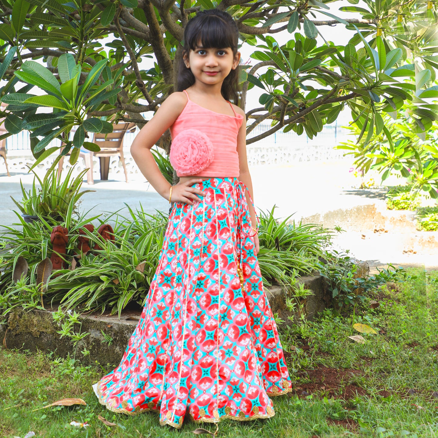 Peach Top With Printed Lace Work Lehenga - funlittleones.com