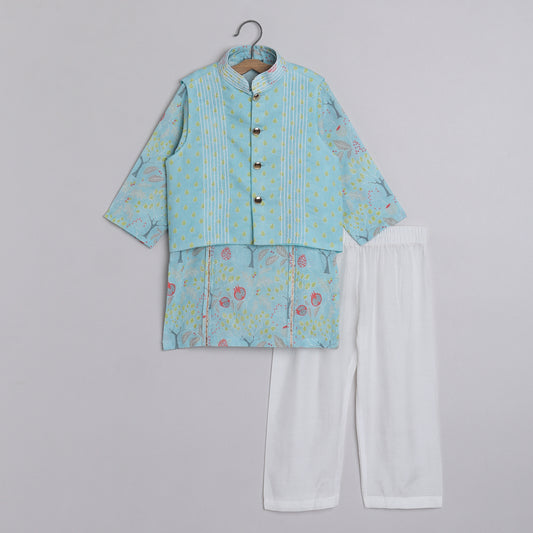 Boys Pomegranate Tree Printed Kurta and Leaves Print Jacket with Gota Lace Work - funlittleones.com