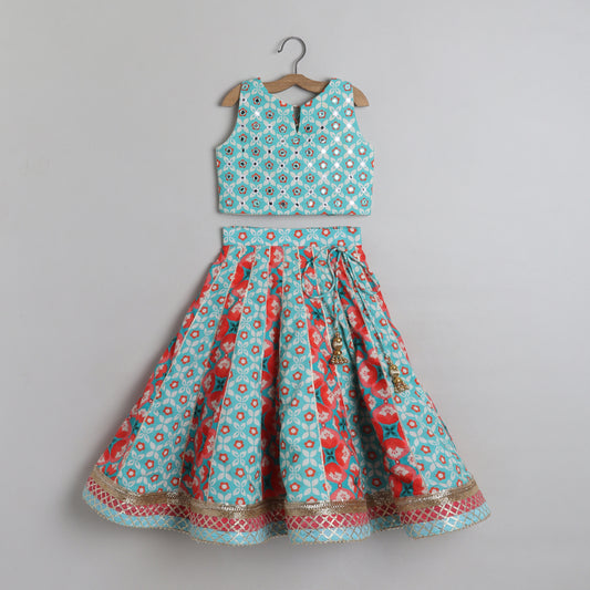Faux Mirror Work Top With Gota Lace Work Lehenga - funlittleones.com