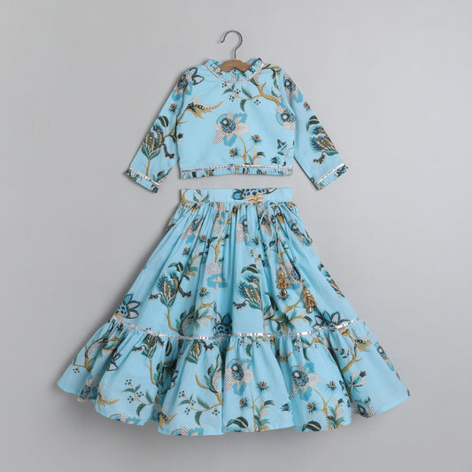 Floral Printed And Pleated Frills Top With Lehenga - funlittleones.com