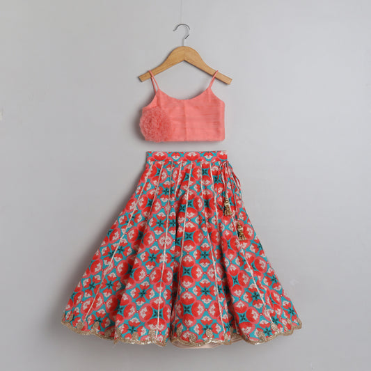 Peach Top With Printed Lace Work Lehenga - funlittleones.com