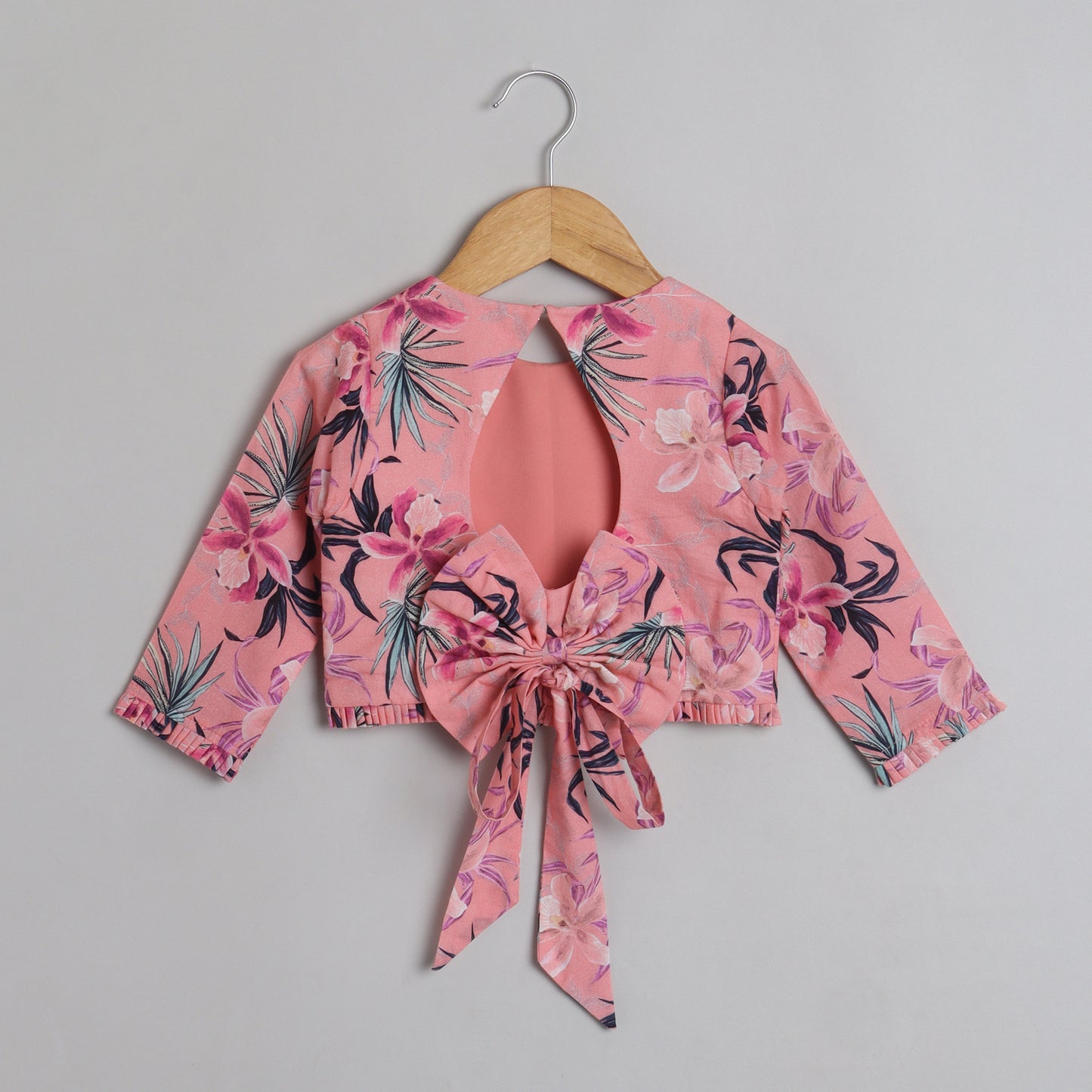 Floral Printed And Pleated Frills Peach Top With Lehenga - funlittleones.com