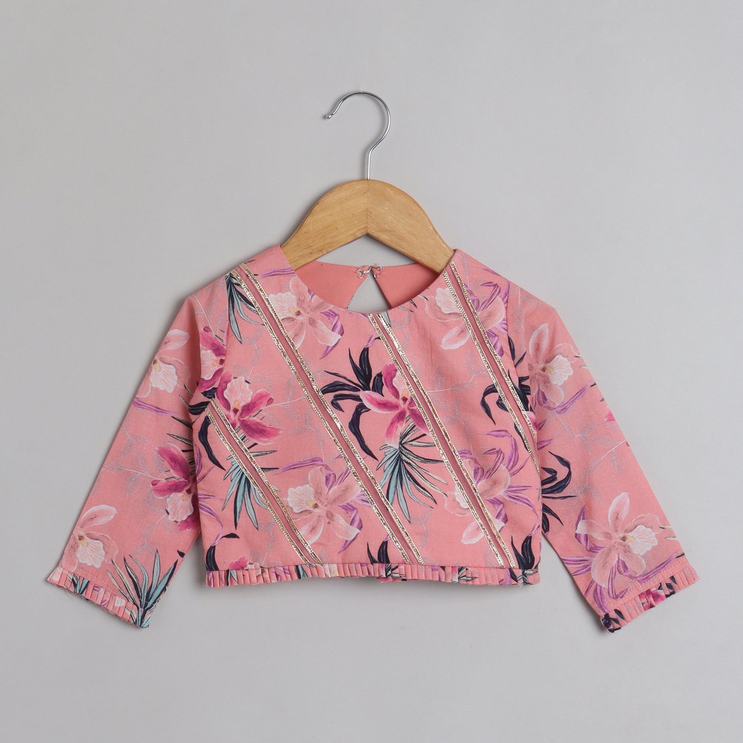 Floral Printed And Pleated Frills Peach Top With Lehenga - funlittleones.com