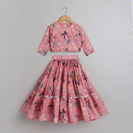 Floral Printed And Pleated Frills Peach Top With Lehenga - funlittleones.com