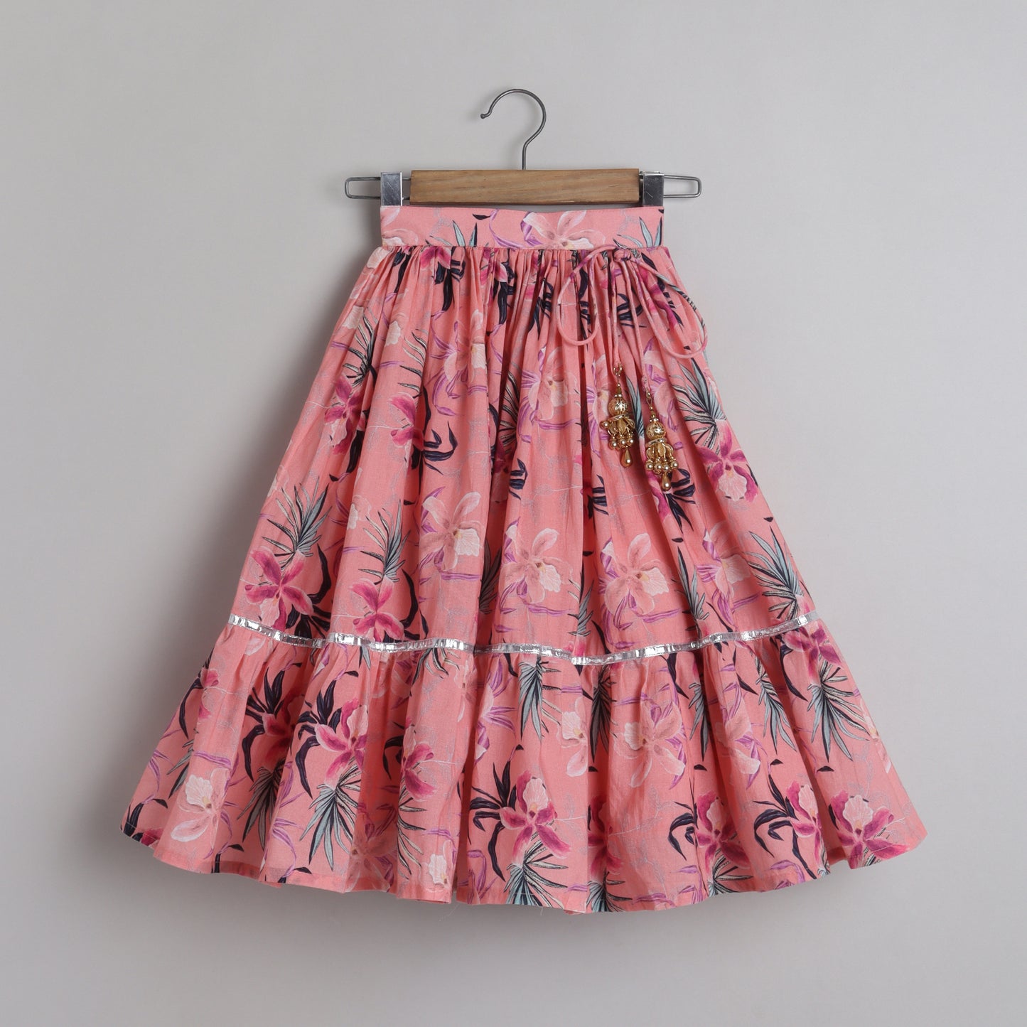 Floral Printed And Pleated Frills Peach Top With Lehenga - funlittleones.com