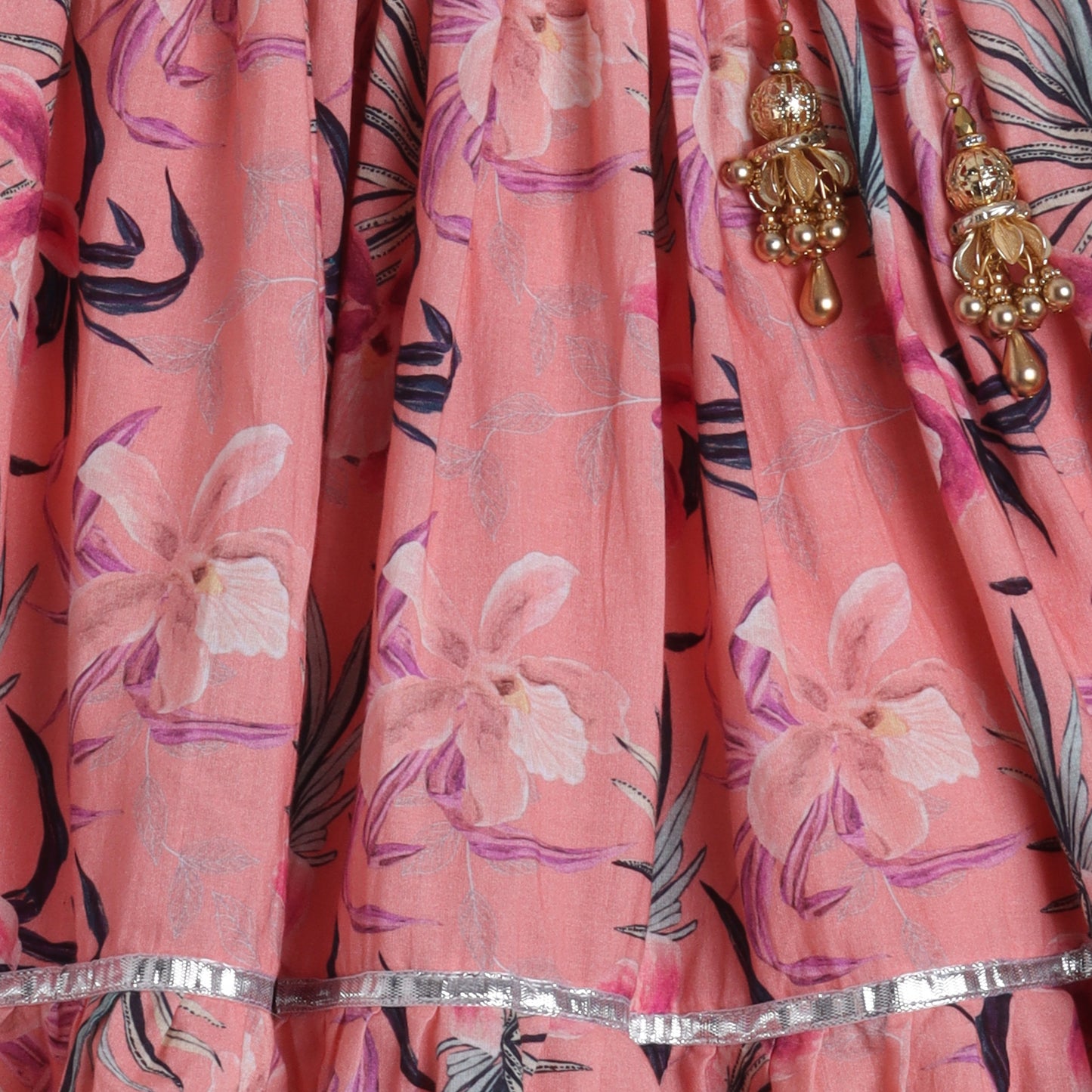 Floral Printed And Pleated Frills Peach Top With Lehenga - funlittleones.com