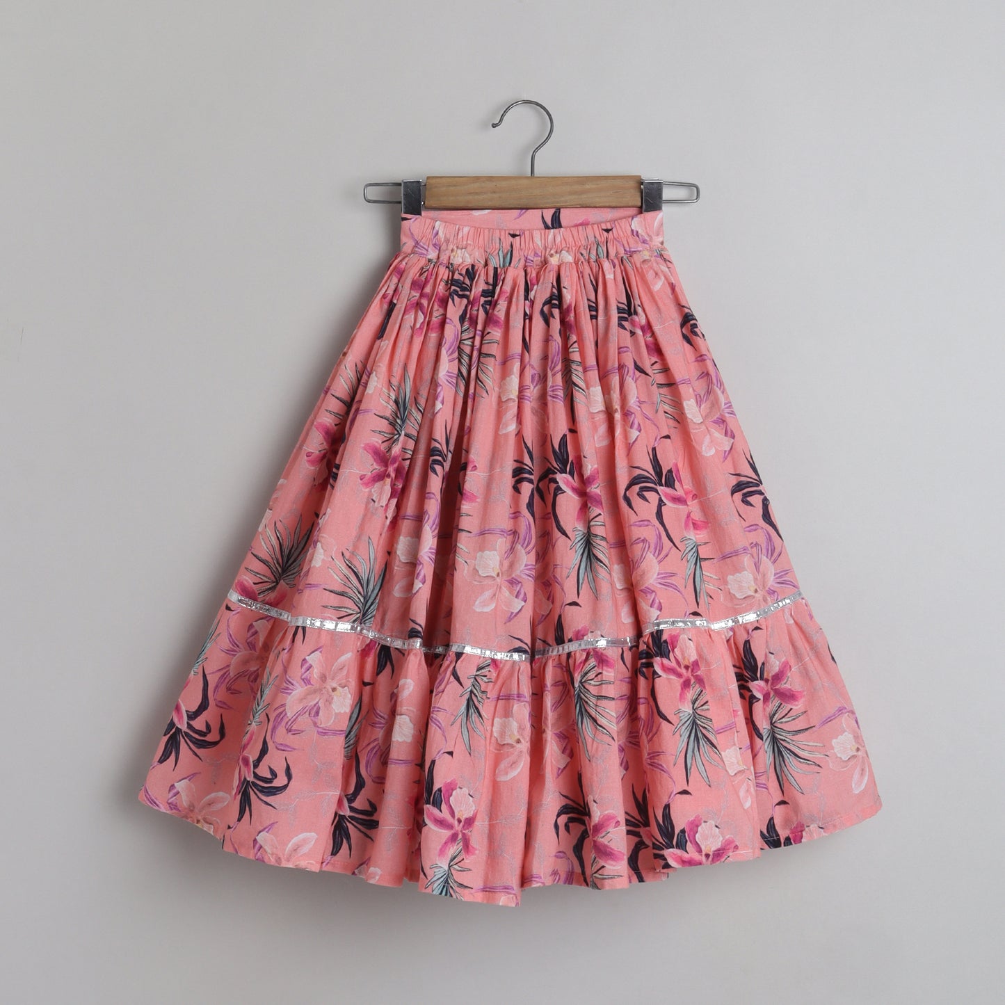 Floral Printed And Pleated Frills Peach Top With Lehenga - funlittleones.com