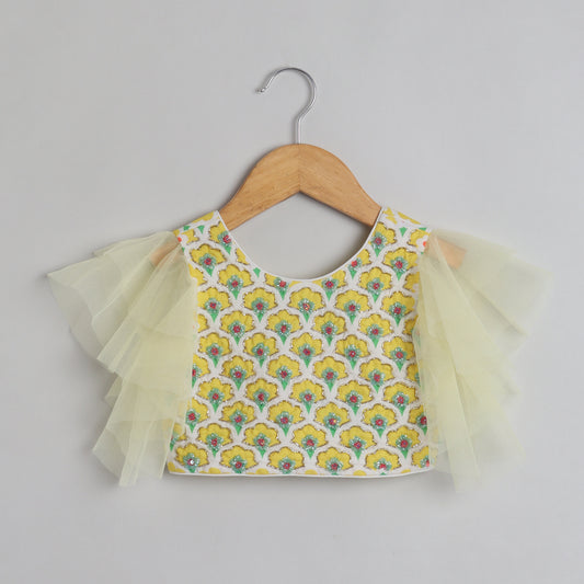 Yellow Cutdana And Sequin Work Top With Gota Lace Work Lehenga - funlittleones.com