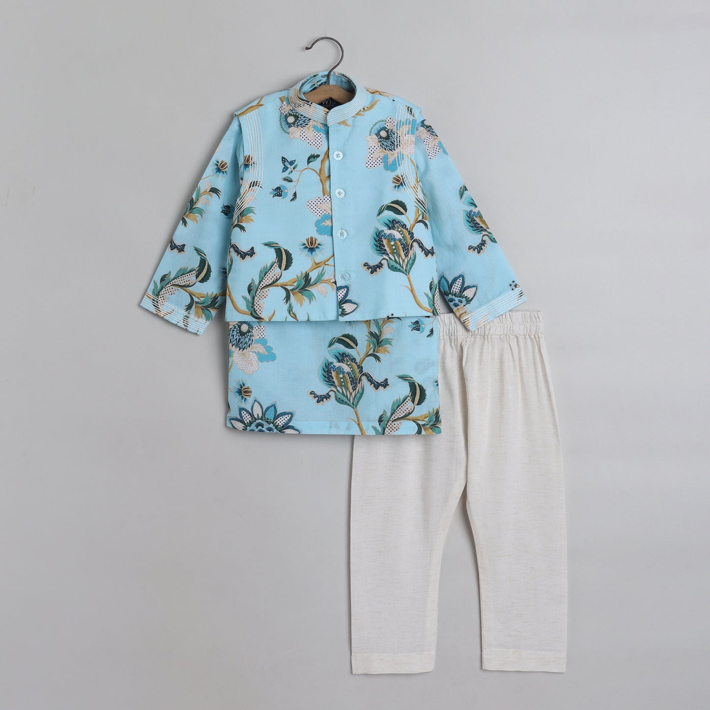 Thread Work And Floral Printed Jacket With Kurta And Pyjama - funlittleones.com