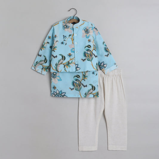 Thread Work And Floral Printed Jacket With Kurta And Pyjama - funlittleones.com