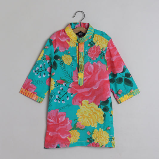 Gota Lace Work Jacket With Multicolour Floral Kurta And Pyjama - funlittleones.com