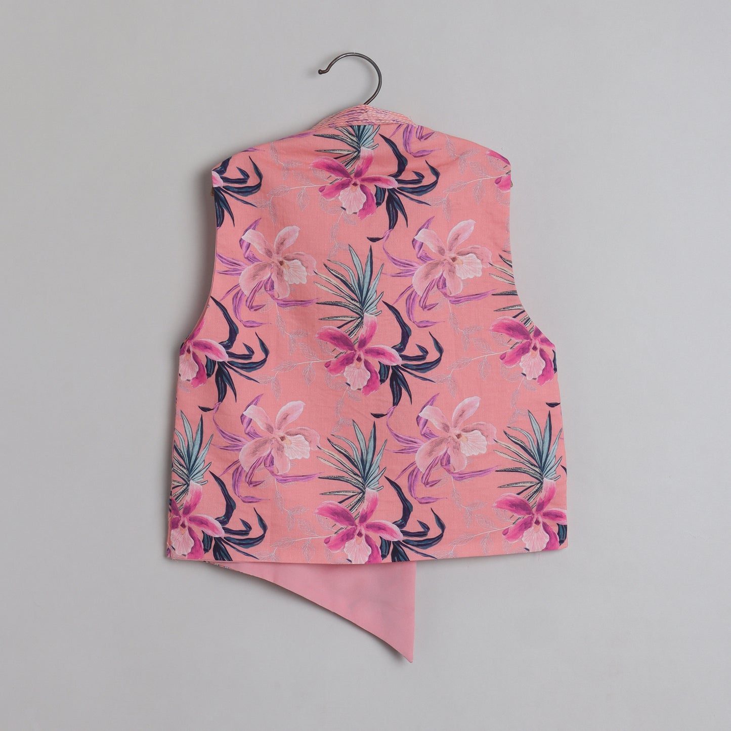 Peach Floral Printed Quilted Jacket With Thread Work Kurta And Pyjama - funlittleones.com