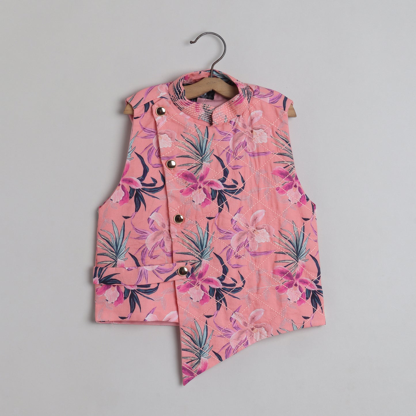 Peach Floral Printed Quilted Jacket With Thread Work Kurta And Pyjama - funlittleones.com