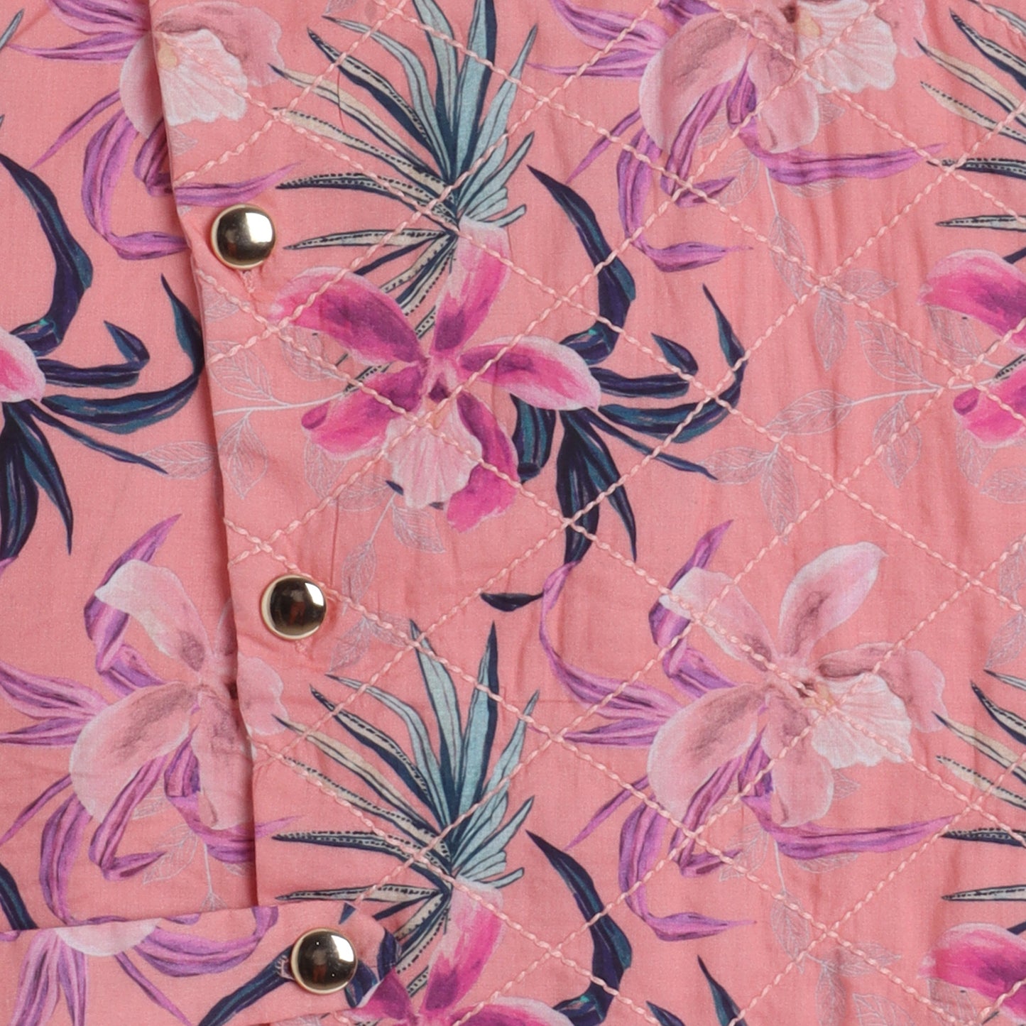 Peach Floral Printed Quilted Jacket With Thread Work Kurta And Pyjama - funlittleones.com