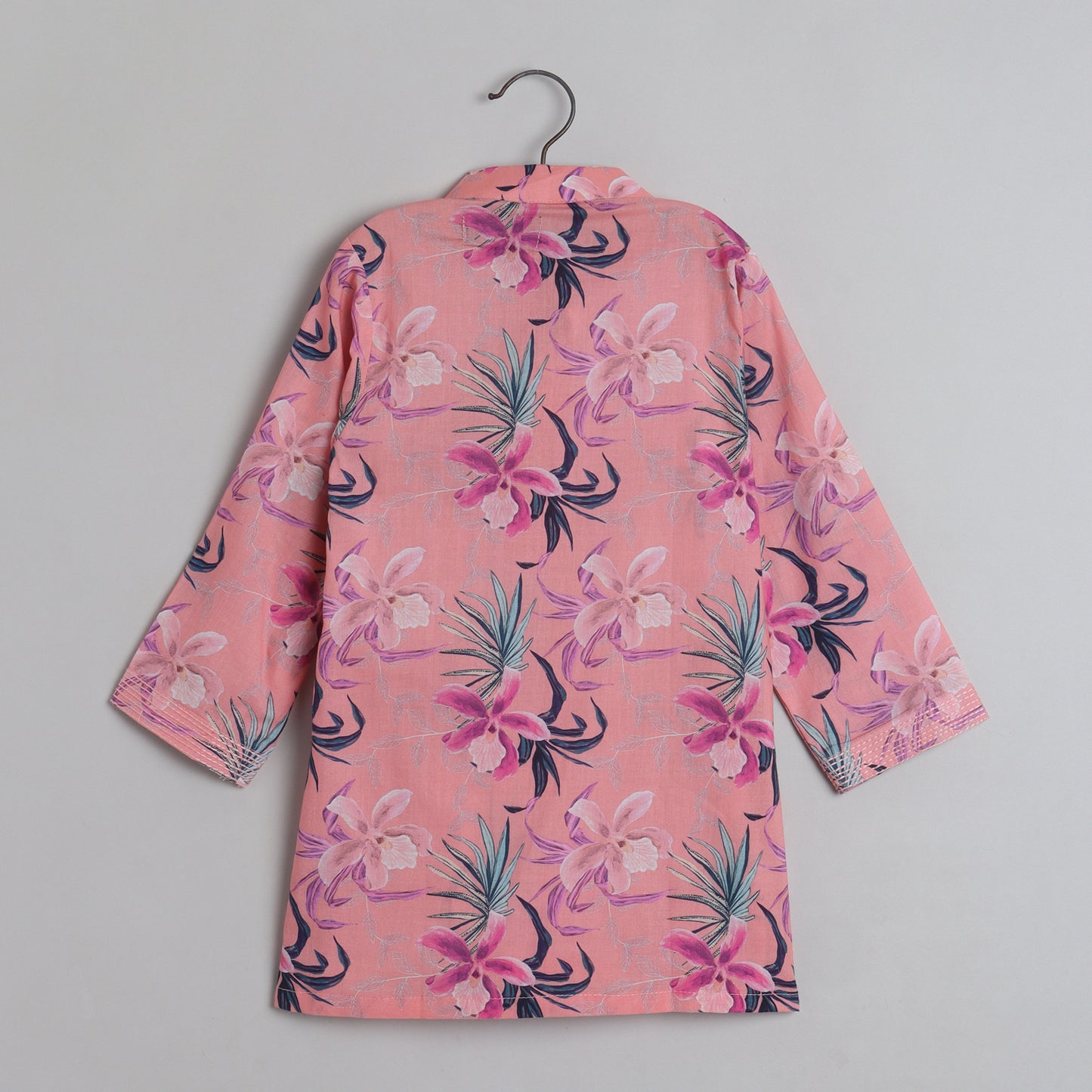 Peach Floral Printed Quilted Jacket With Thread Work Kurta And Pyjama - funlittleones.com