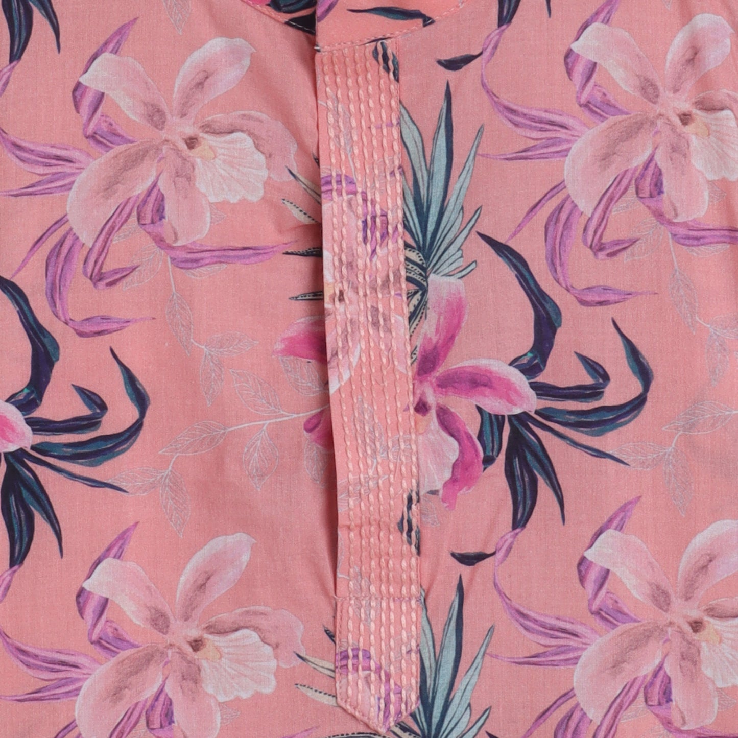 Peach Floral Printed Quilted Jacket With Thread Work Kurta And Pyjama - funlittleones.com