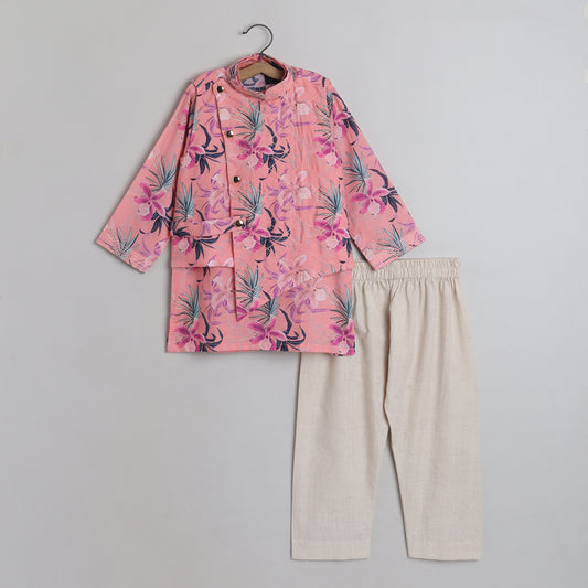 Peach Floral Printed Quilted Jacket With Thread Work Kurta And Pyjama - funlittleones.com
