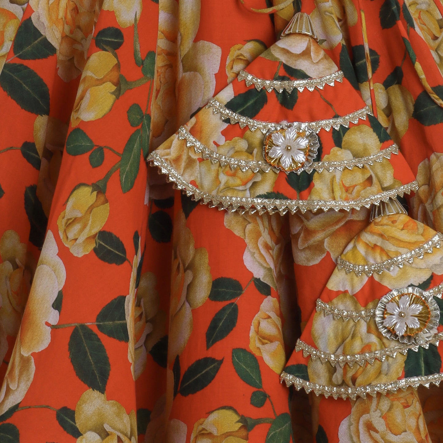 Metallic Lace Detailed Sleeveless Beige Top And Floral Printed Orange Lehenga - funlittleones.com