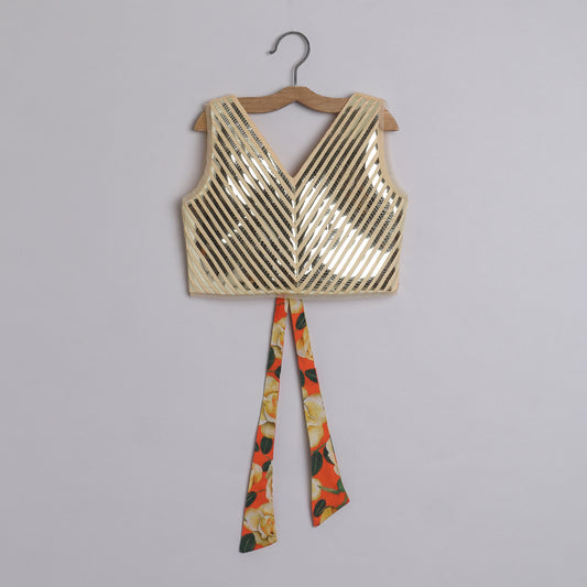 Metallic Lace Detailed Sleeveless Beige Top And Floral Printed Orange Lehenga - funlittleones.com