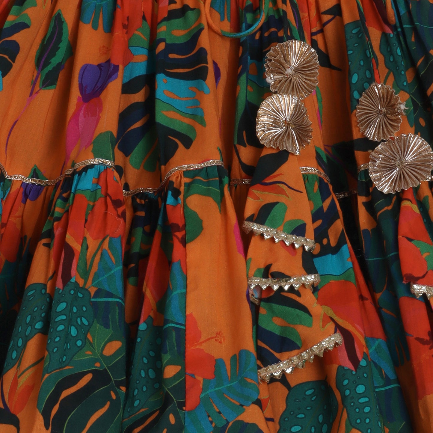 Girls Beautifully Crafted Orange Pleated Spaghetti Strap Top And Printed Layered Lehenga - funlittleones.com