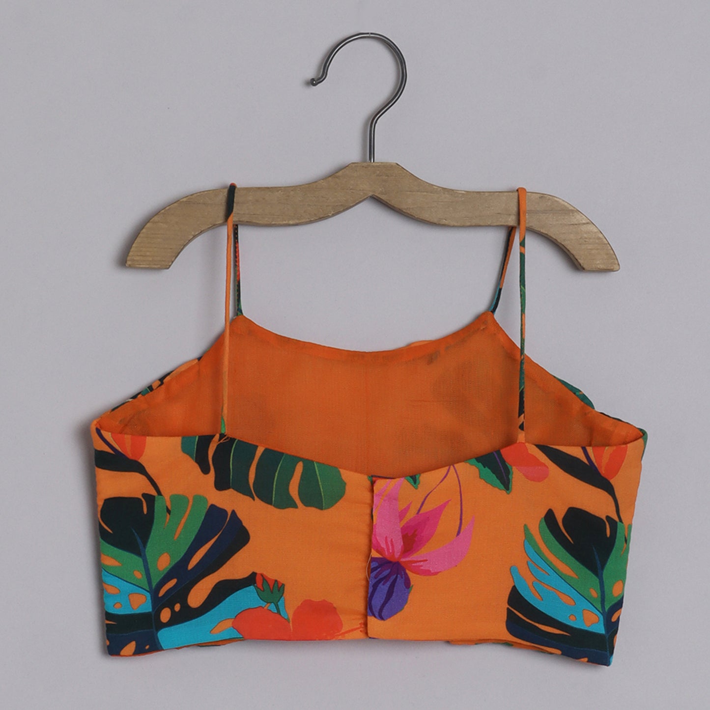 Girls Beautifully Crafted Orange Pleated Spaghetti Strap Top And Printed Layered Lehenga - funlittleones.com