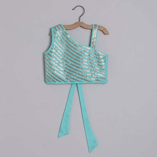 Girls Light Blue Embroidered Blouse With Gota Embellished Borders On The Lehenga - funlittleones.com